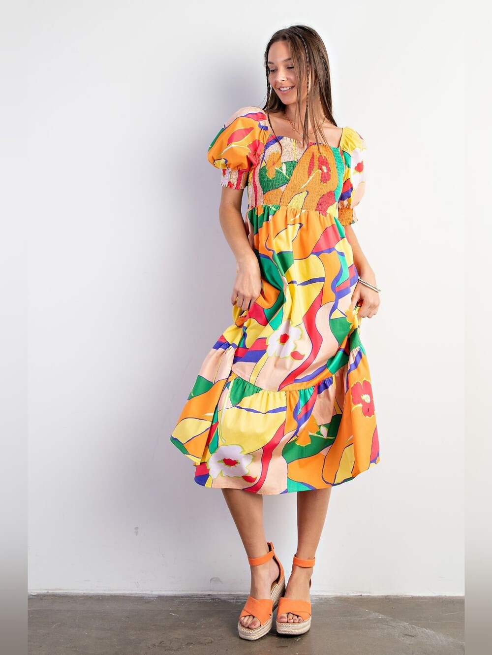 NWOT Easel Geo Printed Poplin Tiered Midi Dress Size S